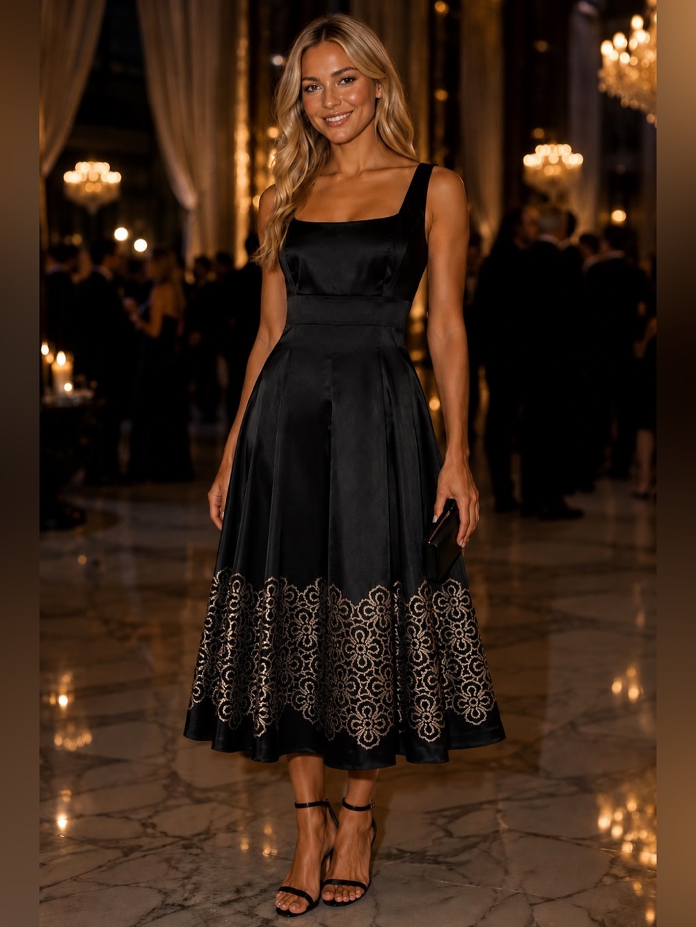 Nine West Black Satin Embroidered Midi Dress Fit Flare Cocktail Party 6 8 Event - Picture 11 of 11
